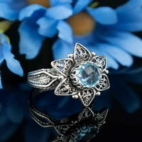 Sterling srebrni filigranski umjetnički plavi topaz dragulj monzera daisy cvijeće koktel prsten