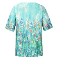 Ženska modna casual plus veličina Ljetna bluza Scenic Cvijeće Ispis majica V-izrez Tops plava 5xl