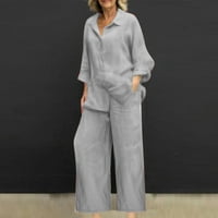 WAVSUF ženski setovi plus veličine zimski dugi rukav V-izrez SOLIDOW GOFT TOPS i hlače Sive pantalone