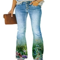 GRIANOOK Ženske modne ravne pantalone za noge cvjetni džepovi za tisak Dno školske hareme duge hlače