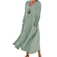 Ženske haljine Modni dugi rukav Ispis pamučne posteljine okrugla džepna haljina do 65% popusta