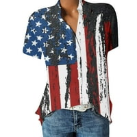 Košulje od 4. jula za žene Trendy Henley Top American Flag V Crt Top Casual Loose FIT bluza Gumb Up
