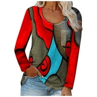 Guvpev ženski modni kontrast patchwork labav geometrijski print casual majica s dugim rukavima - crveni
