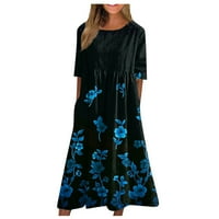 Ljetna ženska kratka rukava duga suknja modna haljina za izrezu od ispisa sa džepom, plavom, m