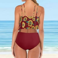 Ženski kupaći kostim Vintage Retro Halter Ruched High Struk Bikini Set Sunflower Ispiši tankeni za odmor