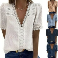 Ženska modna čipka kratki rukav Ležerne prilike majice V-izrez Solid Color Tops bluza XL
