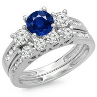 1. Carat 18k bijelo zlato okruglo plavo safir i bijeli dijamantski ženski zaručni prsten sa odgovarajućim