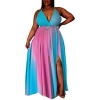 Miayilima Blue XXL Plus Veličina haljina za žene Štampanje Maxi Haljina bez leđa V-izrez Plus Veličina