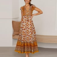 Yuwull Womens Ljeto Maxi haljina kratki rukav Crew Crt Bohemian Haresual Long Beach haljine cvjetne