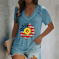Ženske bluze V-izrez tiskane žene kratkih rukava Dan nezavisnosti ljetni vrhovi plavi m
