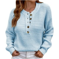 Pad džemperi za žene Trendy casual moda V izrez čvrste boje dugih rukava za bluzu akril plava l