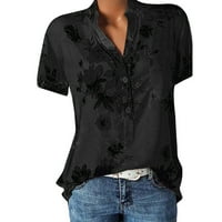Bluza kratki rukav casual cvjetni ljetni Henley vrhovi za žene crna 3xl