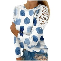 HHEI_K majice s dugim rukavima za žene Ženska modna tiskana rezana čipka Šuplja Okrugli vratni majica