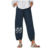 Žene ljetne obrezane hlače High struk Print Pamuk posteljina široka noga Capris Casual Baggy Lounge
