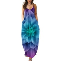 Haljine za žene okrugli dekolte, ležerna tiskana Long A-line Summer haljina bez rukava tamno plava 2xl