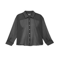 Wassery ženska puška gumba up bluza dugih rukava rever v majica mreža izreza Vintage Vintage Vidi kroz