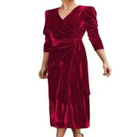 Sprifallbaby Žene Velvet midi Bodycon haljina od pune boje V-izrez za vezanje dugih rukava