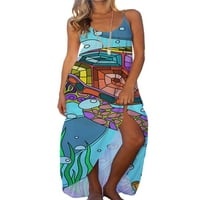 Voguele Women Ljeto plaža Sundress Turtle Print Long Maxi haljina bez rukava bez rukava za odmor Ležerne