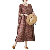 Walmeck Žene Ljeto Labava haljina Vintage ispisana sa džepovima kratkih rukava okrugla pad vrata Ležerne prilike za odmor Burgundy