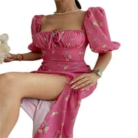 Ženski ditsy cvjetni kvadratni vrat duhovni rukavac s podijeljenim rukom duga haljina