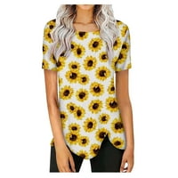 Ženski vrhovi suncokret Ispis Nepravilni rub kratkih rukava Majice Labavi okrugli vrat Dame vrpce žuti