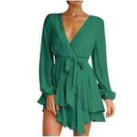 Finelylove i ispod haljine seksi ljetne haljine A-line V-izrez dugih rukava duga zelena l
