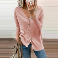 Ženske vrhove gumb-down čvrsta dugih rukava casual ženska moda Henley Tshirts ružičasti m