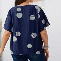 Žene Polka Dots Cotton Linen Tops Crewneck Majice kratkih rukava Nepravilna bluza od ruba plus veličine