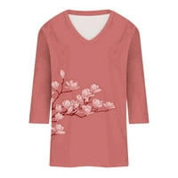 Ženska modna ležerna majica vrhovi rukava V izrez cvjetni print Tunic Labavi fit bluze vruće ružičaste