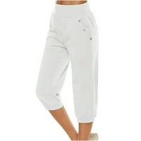 Atinetok Ženske pantalone Elastične struke hlače za žene Ležerne prilike čvrste pamučne posteljine sažeto pantalone Ljeto ravne navoje hlače sa džepom bijeli XL