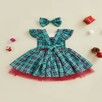 Dečiji set, plairani kvadratni izrez let lepršav haljina sa kaišem + bowknot traka za djevojčice, 1- godine