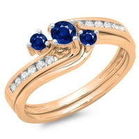 0. Carat 18k Rose Gold Round Blue Sapphire & White Diamond Dame Bridal Swirl Angažman prsten sa odgovarajućim