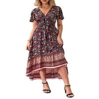 Wassery žensko ljeto midi boemska dugačka haljina kratki rukav visoki struk Vintage haljina V izrez