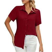 Dugme dolje košulje za žene Čvrsta boja bluza s kratkim rukavima V Vreći za vrat vino crvene s