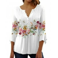 Ženski modni vrhovi cvjetni tipka s kratkim rukavima V-izrez T-majice bijeli s