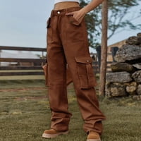 Ženske hlače za teretne hlače labave gumb u boji Srednji struk Ravne pantalone s više džepova modne