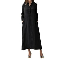 Crne haljine Žene Ležerne haljine Modna puna boja okrugla Dugme Up dugi rukav Midi Dužina Labava haljina