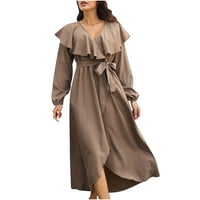 haljine apsuyy za žene casual v-izrez Solid boja retro dugih rukava duge haljine Khaki veličine l