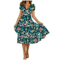 Cleance Womens Maxi haljine za ljeto Žensko ljetno casual modni cvjetni print kratkih rukava V-izrez
