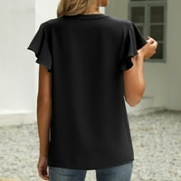 Košulje za žene Labavi kratki rukovi Thirts V-izrez Solid casual bluza Tunic Tees, Crna, XL