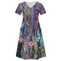 Haljine za žene V-izrez Sredine ležerne a-line cvjetne ljetne haljine s kratkim rukavima Purple XL
