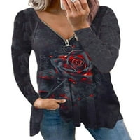 Voguele Dame majica s dugim rukavima Tee cvjetna tiskana majica Radni bluza TUNIC Labavi pulover W Khaki