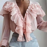 Majice Labakihah za žene Žene Moda Popularni dugi rukav V izrez Šifon Slim Pulover Labavi bluza Pink