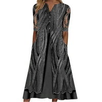 Ljetne haljine dugim printom V mreža mreža kratkih rukava SPLICE labav dugme sa džepom ljetne haljine