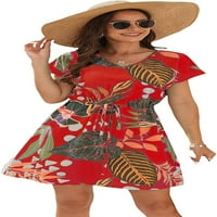 Ženska ljetna midi haljina V izrez cvjetne tučke kratkih rukava s ležernim listovima Ispis za odmor