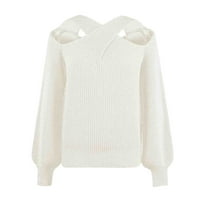 Yinguo Žene Ležerne prilike sa čvrstim kukičanim džemper-remen vrat pulover Labavi dugi rukav hladni