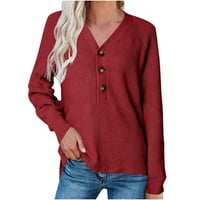 Symoidni ženski džemperi - Ležerni džep dugih rukava pleteni pulover V-izrez džemper kaput crveni s