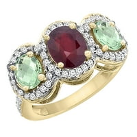 14k žuto zlato prirodni hq Ruby & Green Amethyst 3-kameni prsten ovalni dijamantski akcent, veličina