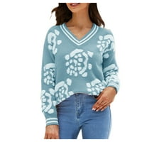Ženska jesenina i zimski džemper klasični ispis topli dugi rukav V-izrez pletenje pulover Duks odloživi