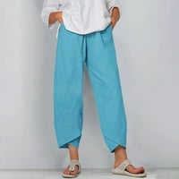 ROLIYEN Ljetne hlače za žene casual džepovi pamučni posteljina široka noga za vuču elastični struk kapris